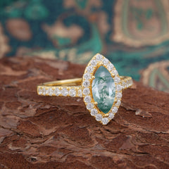 Classic Marquise Cut Moss Agate Halo Engagement Ring