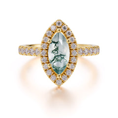 Classic Marquise Cut Moss Agate Halo Engagement Ring