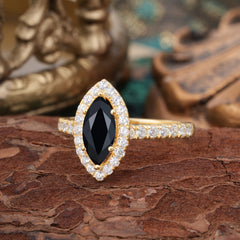 Classic Marquise Cut Black Onyx Halo Engagement Ring