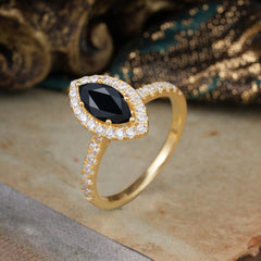 Classic Marquise Cut Black Onyx Halo Engagement Ring