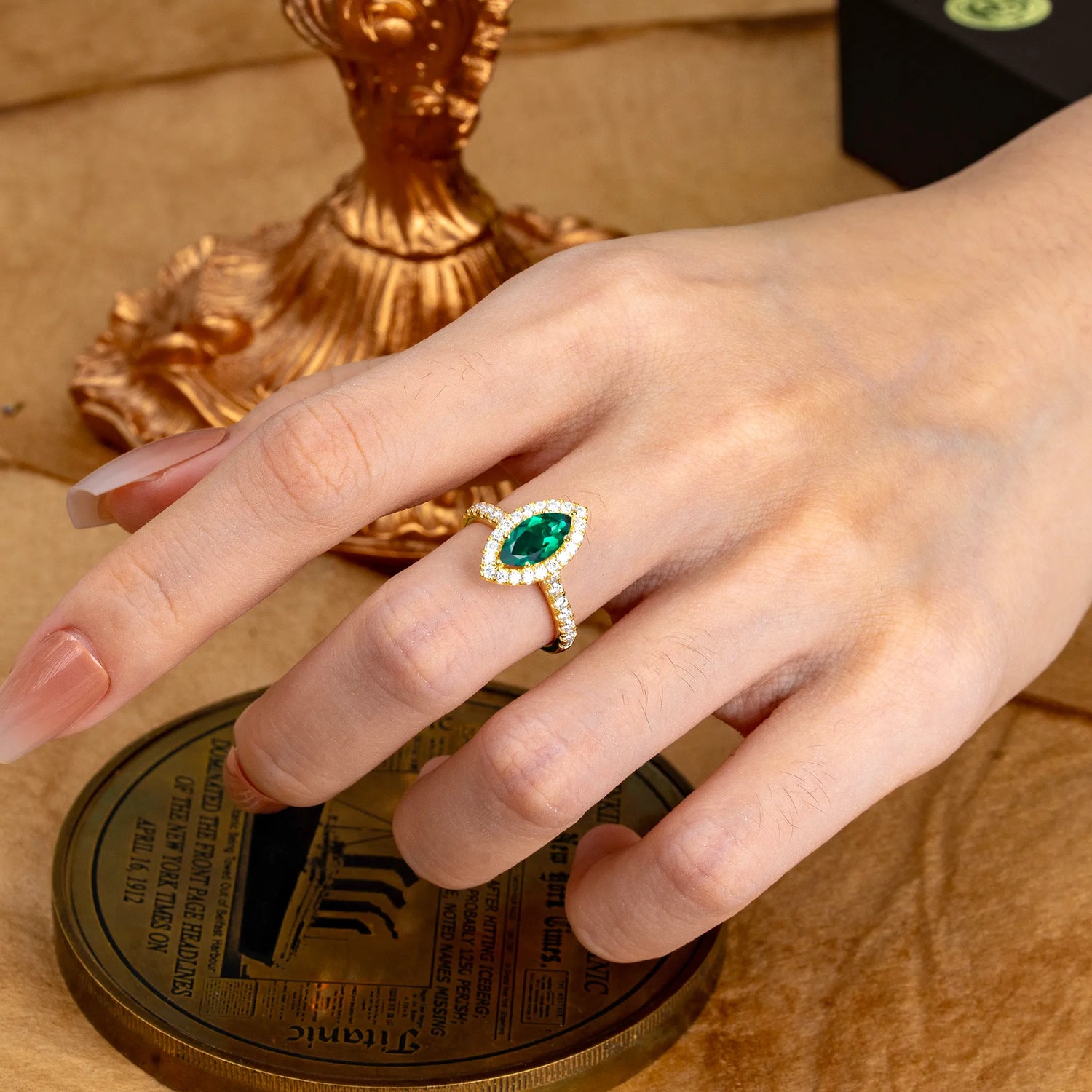 Classic Marquise Cut Emerald Halo Engagement Ring