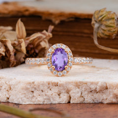 1 Carat Oval Cut Classic Amethyst Ring Half Eternity Band Halo Ring