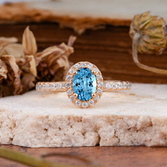 1 Carat Oval Cut Classic Aquamarine Ring Half Eternity Band Halo Ring