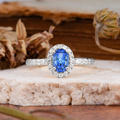 1 Carat Oval Cut Classic Sapphire Ring Half Eternity Band Halo Ring