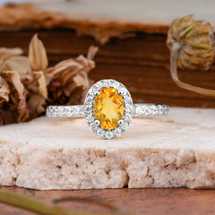 1 Carat Oval Cut Classic Citrine Ring Half Eternity Band Halo Ring