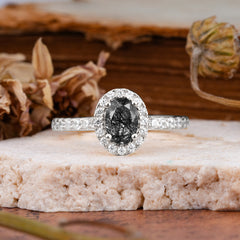 1 Carat Oval Cut Classic Black Rutilated Quartz Ring Half Eternity Band Halo Ring