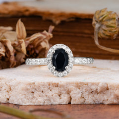 1 Carat Oval Cut Classic Black Onyx Ring Half Eternity Band Halo Ring