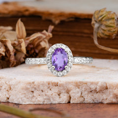1 Carat Oval Cut Classic Amethyst Ring Half Eternity Band Halo Ring