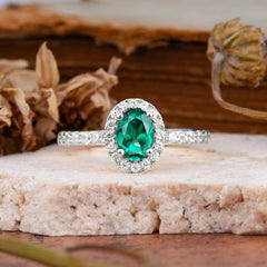 1 Carat Oval Cut Classic Emerald Ring Half Eternity Band Halo Ring