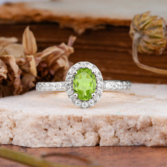 1 Carat Oval Cut Classic Peridot Ring Half Eternity Band Halo Ring