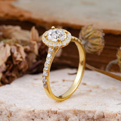 1 Carat Oval Cut Classic Moissanite Ring Half Eternity Band Halo Ring