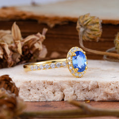 1 Carat Oval Cut Classic Sapphire Ring Half Eternity Band Halo Ring