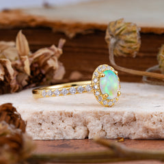 1 Carat Oval Cut Classic Opal Ring Half Eternity Band Halo Ring