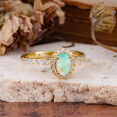 1 Carat Oval Cut Classic Opal Ring Half Eternity Band Halo Ring