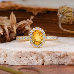 1 Carat Oval Cut Classic Citrine Ring Half Eternity Band Halo Ring