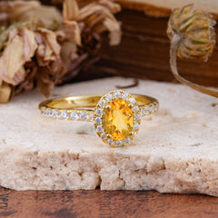 1 Carat Oval Cut Classic Citrine Ring Half Eternity Band Halo Ring