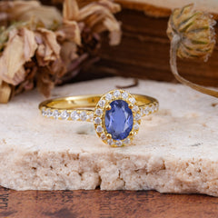 1 Carat Oval Cut Classic Tanzanite Ring Half Eternity Band Halo Ring