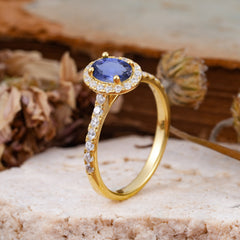 1 Carat Oval Cut Classic Tanzanite Ring Half Eternity Band Halo Ring