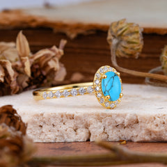 1 Carat Oval Cut Classic Turquoise Ring Half Eternity Band Halo Ring