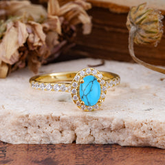 1 Carat Oval Cut Classic Turquoise Ring Half Eternity Band Halo Ring