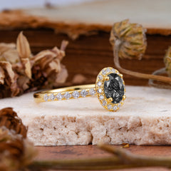 1 Carat Oval Cut Classic Black Rutilated Quartz Ring Half Eternity Band Halo Ring