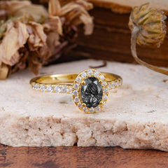 1 Carat Oval Cut Classic Black Rutilated Quartz Ring Half Eternity Band Halo Ring
