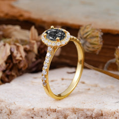 1 Carat Oval Cut Classic Black Rutilated Quartz Ring Half Eternity Band Halo Ring