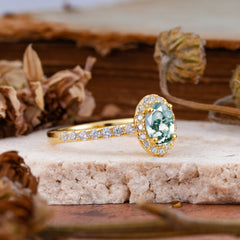 1 Carat Oval Cut Classic Moss Agate Ring Half Eternity Band Halo Ring