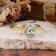 1 Carat Oval Cut Classic Moss Agate Ring Half Eternity Band Halo Ring