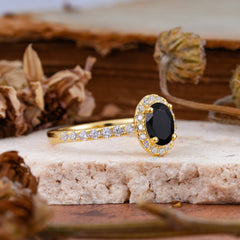 1 Carat Oval Cut Classic Black Onyx Ring Half Eternity Band Halo Ring