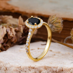 1 Carat Oval Cut Classic Black Onyx Ring Half Eternity Band Halo Ring