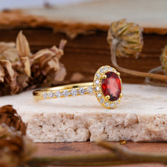 1 Carat Oval Cut Classic Garnet Ring Half Eternity Band Halo Ring