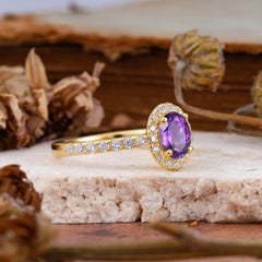 1 Carat Oval Cut Classic Amethyst Ring Half Eternity Band Halo Ring