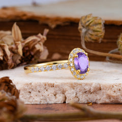 1 Carat Oval Cut Classic Amethyst Ring Half Eternity Band Halo Ring