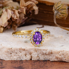 1 Carat Oval Cut Classic Amethyst Ring Half Eternity Band Halo Ring