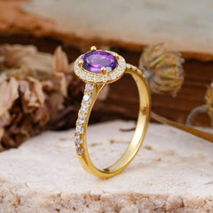 1 Carat Oval Cut Classic Amethyst Ring Half Eternity Band Halo Ring