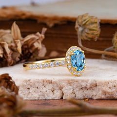 1 Carat Oval Cut Classic Aquamarine Ring Half Eternity Band Halo Ring