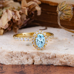 1 Carat Oval Cut Classic Aquamarine Ring Half Eternity Band Halo Ring
