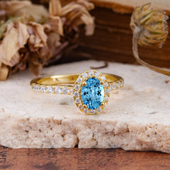 1 Carat Oval Cut Classic Aquamarine Ring Half Eternity Band Halo Ring