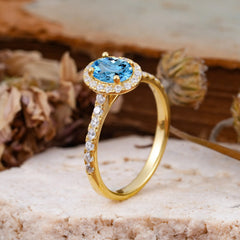 1 Carat Oval Cut Classic Aquamarine Ring Half Eternity Band Halo Ring