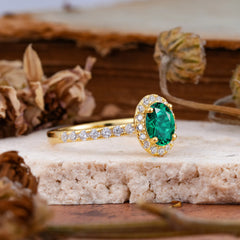 1 Carat Oval Cut Classic Emerald Ring Half Eternity Band Halo Ring