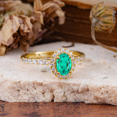 1 Carat Oval Cut Classic Emerald Ring Half Eternity Band Halo Ring