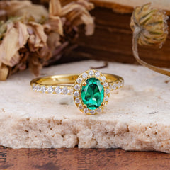 1 Carat Oval Cut Classic Emerald Ring Half Eternity Band Halo Ring