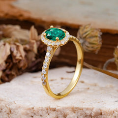 1 Carat Oval Cut Classic Emerald Ring Half Eternity Band Halo Ring