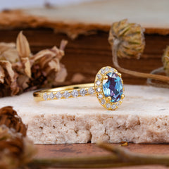 1 Carat Oval Cut Classic Alexandrite Ring Half Eternity Band Halo Ring