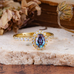 1 Carat Oval Cut Classic Alexandrite Ring Half Eternity Band Halo Ring