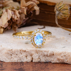 1 Carat Oval Cut Classic Moonstone Ring Half Eternity Band Halo Ring