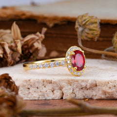 1 Carat Oval Cut Classic Ruby Ring Half Eternity Band Halo Ring