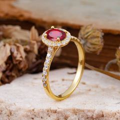 1 Carat Oval Cut Classic Ruby Ring Half Eternity Band Halo Ring
