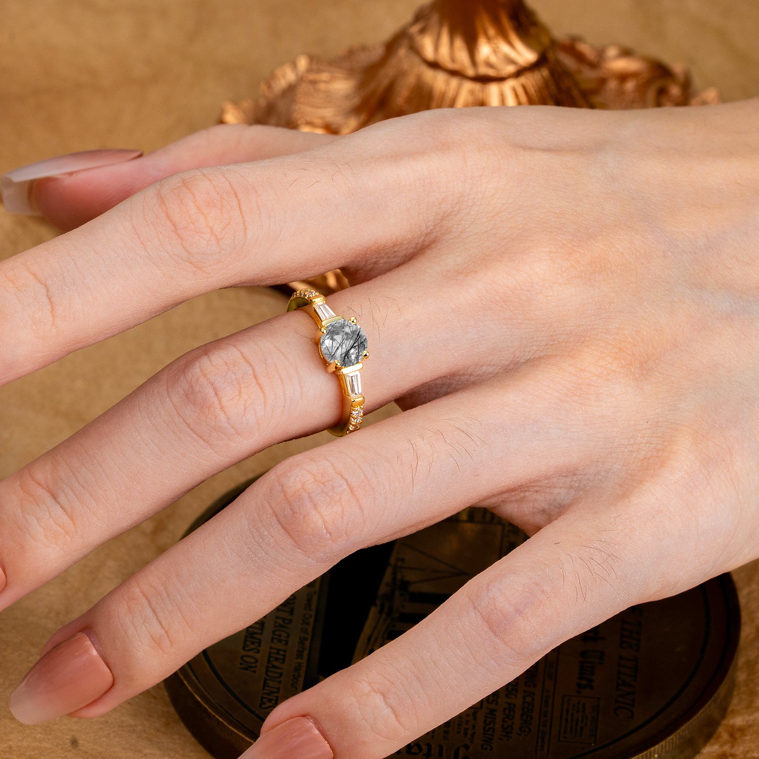 4 Prong Black Rutilated Quartz Engagement Ring Side Stone Promise Ring